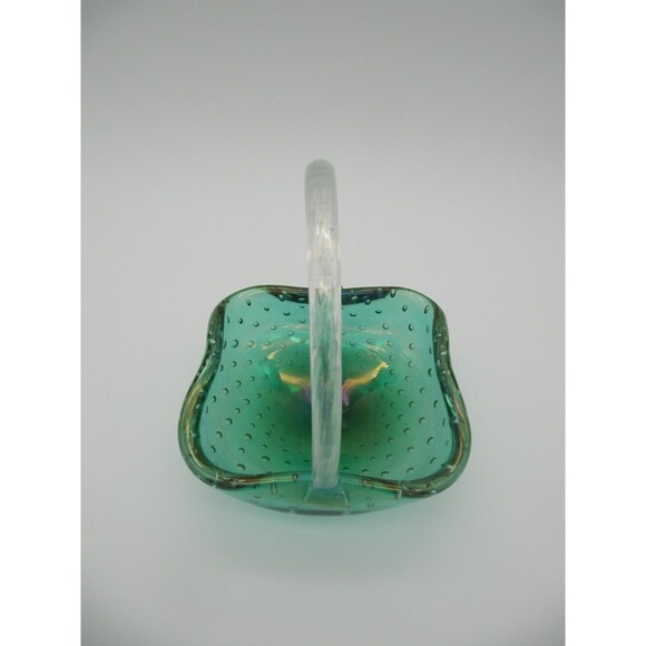Iridescent Green with Controlled Bubbles Clear Handle Basket Art Glass 5"x5" - Picture 5 of 6